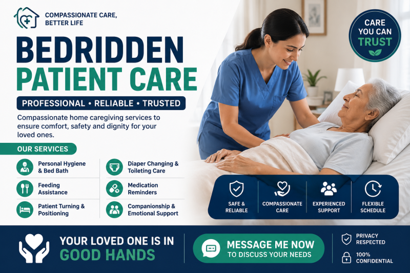 I will provide professional bedridden patient care, elderly home caregiving and patient attendant support